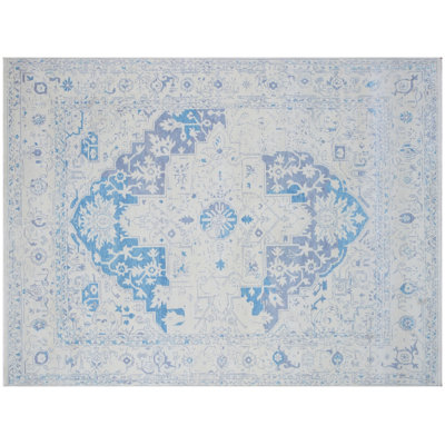 Hand-Knotted Light Blue Ivory Oushak Wool Area Rug 8' X 10' ft.– Vintage Floral Medallion Design, Traditional Turkish Style Carpet for Living Room & Bedroom