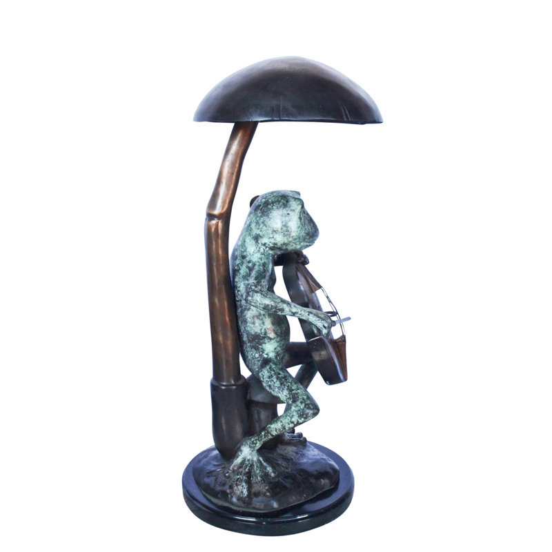 Statue de grenouille jouant du violoncelle sous le champignon - Taille: L 10 po x l 10 po x H 24 po.