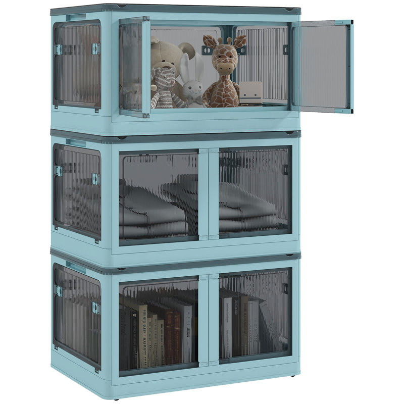 3 bacs de rangement empilables avec roulettes HOMcom, avec roulettes, pliables, 18 gal, bleu