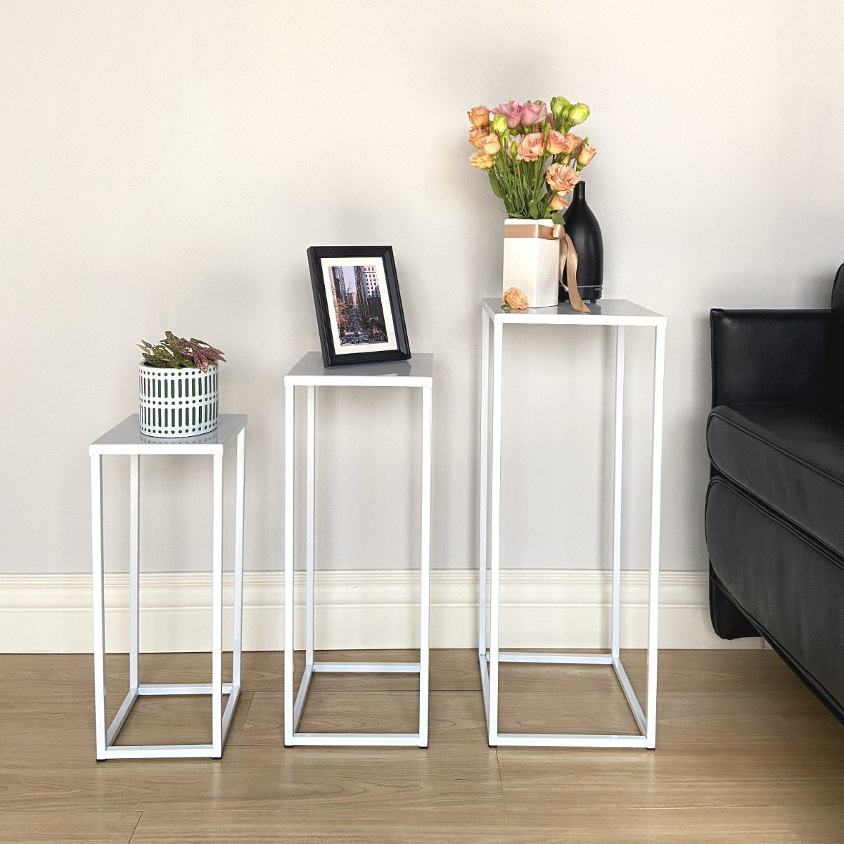 Set of 3 Nesting Metal Plant Stand, Side End Table Set, Black (Set of 3) Arlmont & Co. Color: White