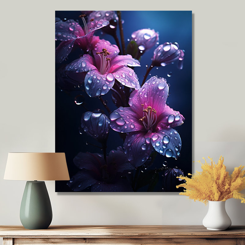 «Magenta Lily Flower Morning Dew Droplets I», art mural lys, Toile tendue, H 32 po x l 16 po