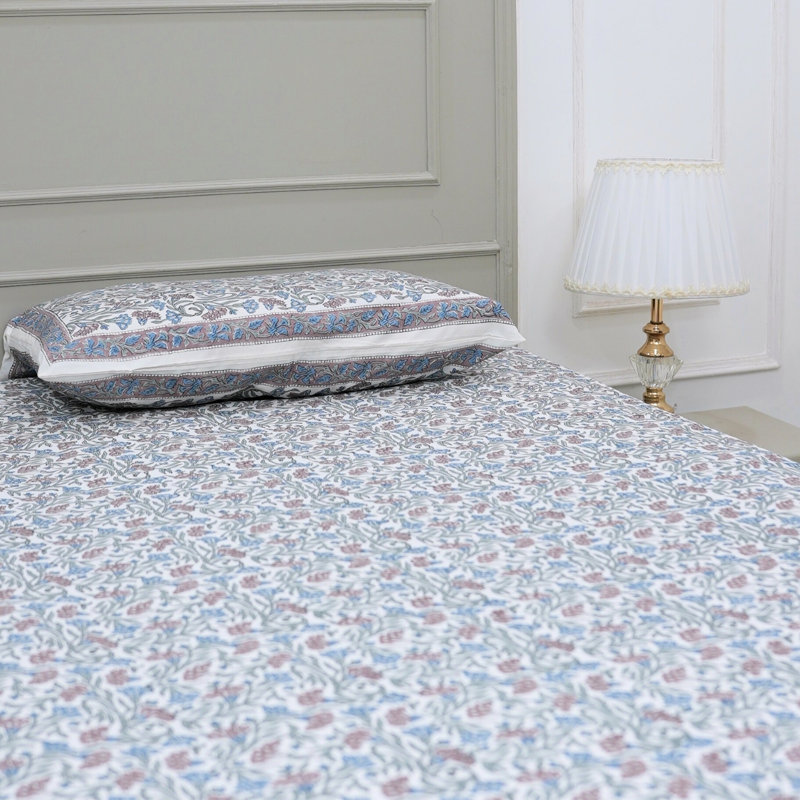 Fabdivine Pure Cotton Bedsheet Set – Handcrafted Comfort with Matching Pillow Covers, Thorny stem, Full Flat Sheet