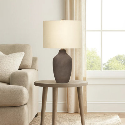 Table Lamp, 27 Inch Gray Ceramic Vase Shape Body, Beige Linen Shade