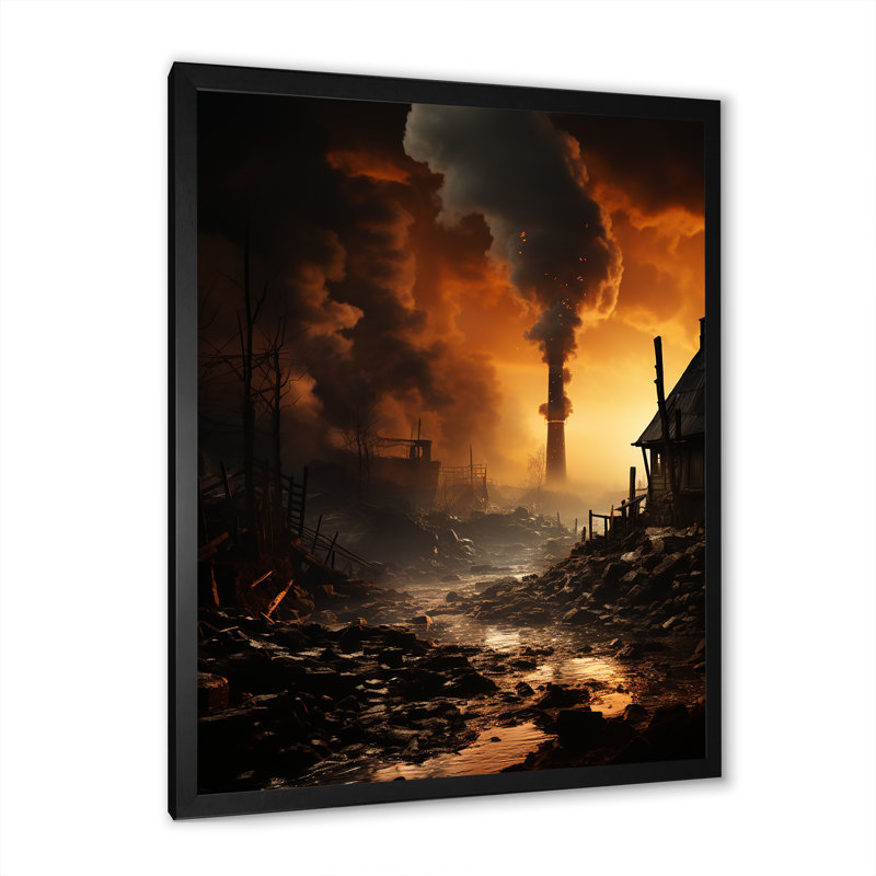 Paysage industriel monochrome au coucher du soleil sur toile, Cadre simple noir, H 44 po x l 34 po x P 1,5 po