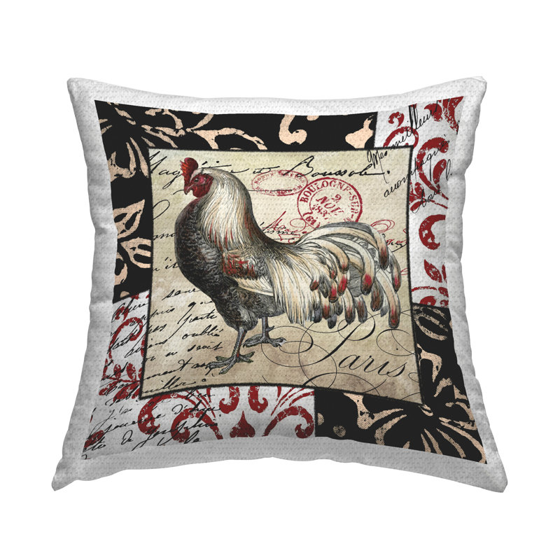 Hen with Vintage Cursive Printed Outdoor Throw Pillow Design by Sasha