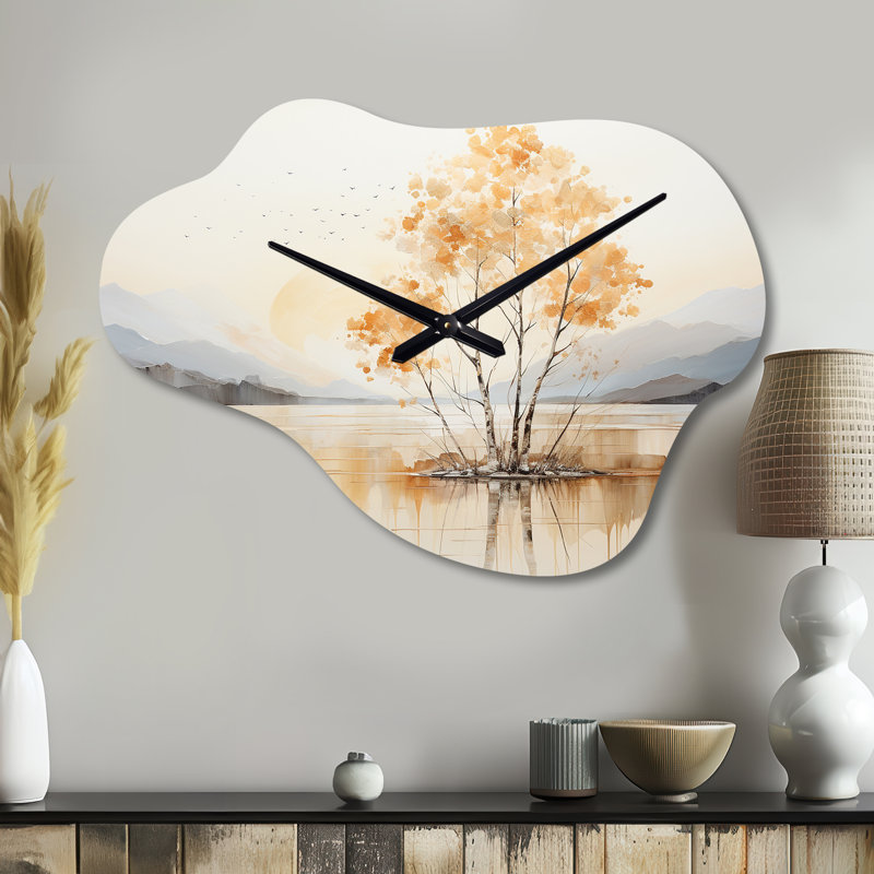 Deng Minimalisme arbre jaune Solitude IV - horloge murale asymétrique traditionnelle, Petit