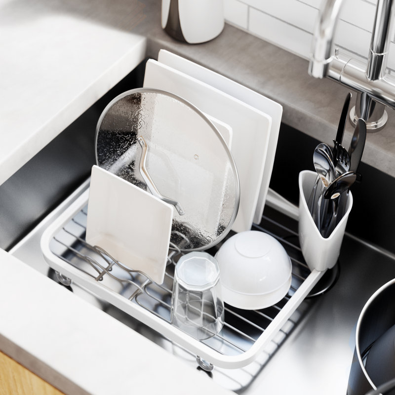White Metal In-Sink Dish Rack with Utensil Cup