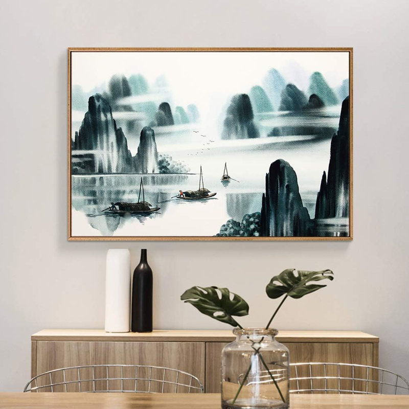Peinture à l'encre de Chine, bateau de montagne sur le lac, impressions sur toile pour le décor de chambre à coucher