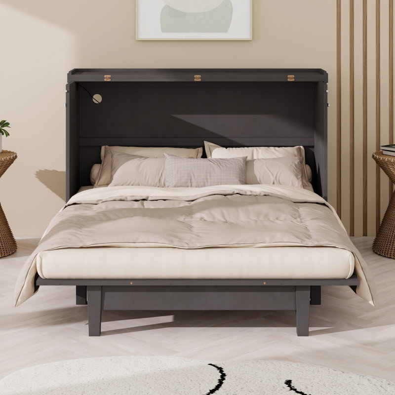 Armoire-lit en bois style campagnard avec station de charge et grand tiroir de rangement, Double, Gris