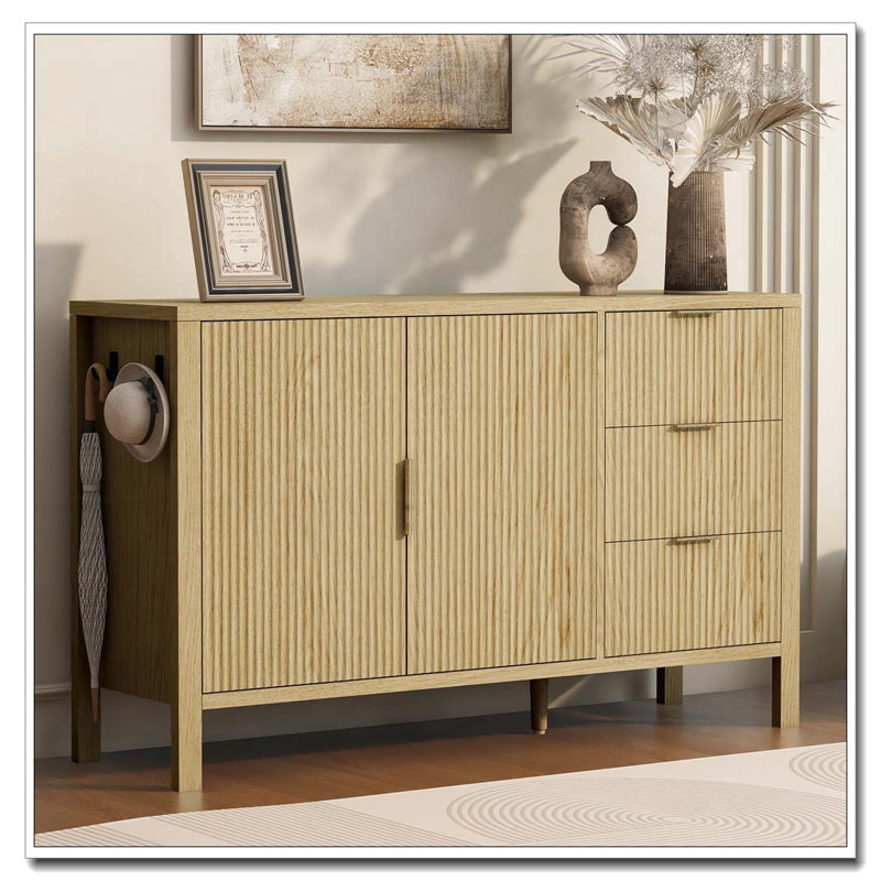 Storage Buffet Cabinet With Hooks And Extra Center Leg,Suitable For Living Room,Entryway,Hallway, Natural