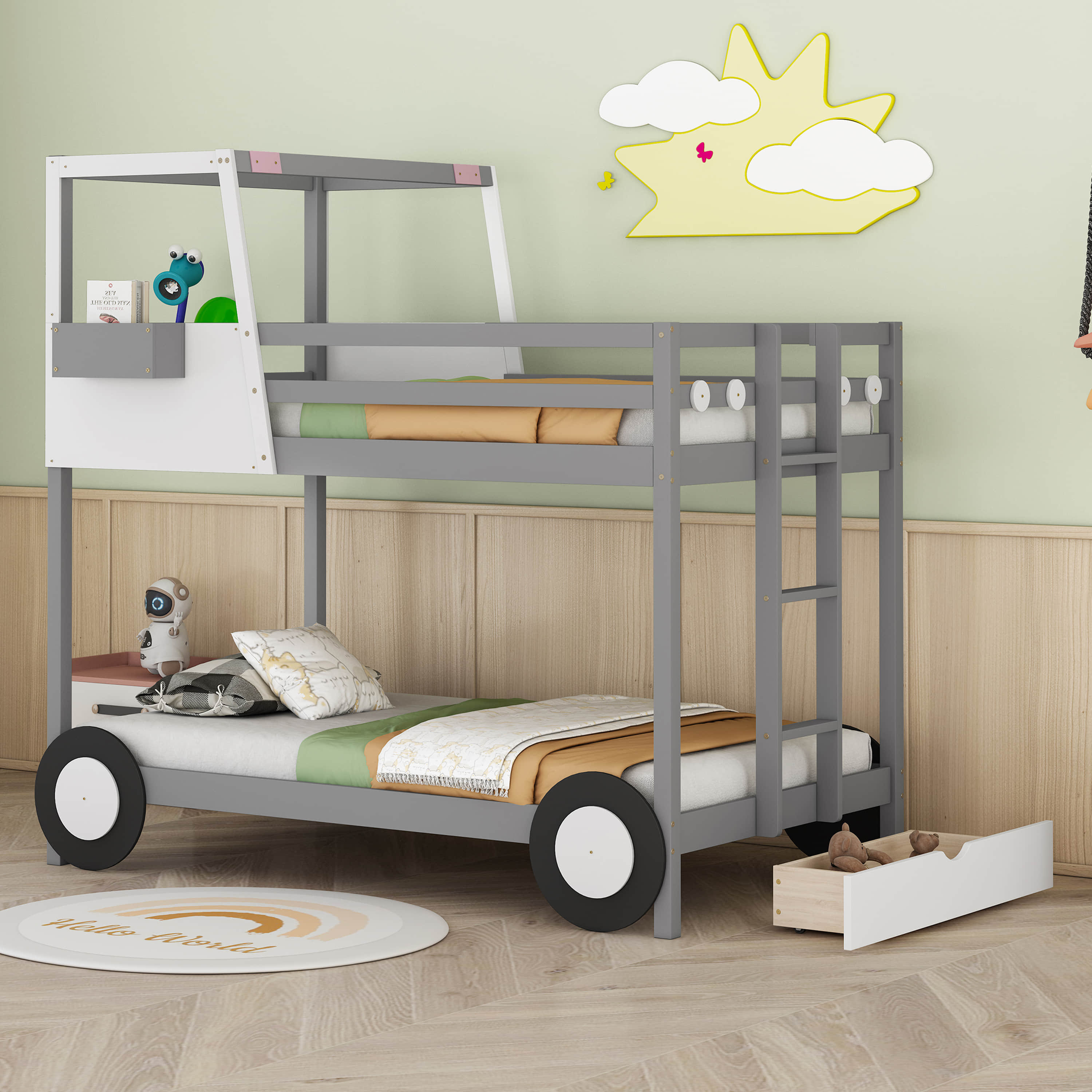 Zoomie Kids Lawncrest Twin over Twin Car-Shaped Bunk Bed with Wheels