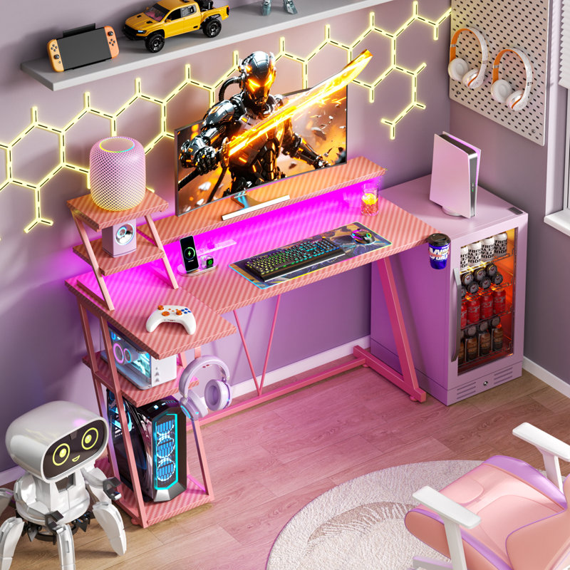 Gaming Desk With Monitor Stand & Cpu Stand,Computer Desk With Power Outlet & RGB LED Lights,Home Office Desk With Cup Holder & Headphone Hook
