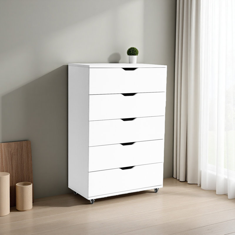 Commode 5 tiroirs avec roulettes - Armoire de rangement moderne, Blanc