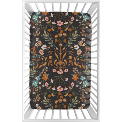 Boho Floral Wildflower Black and Orange Mini Fitted Crib Sheet