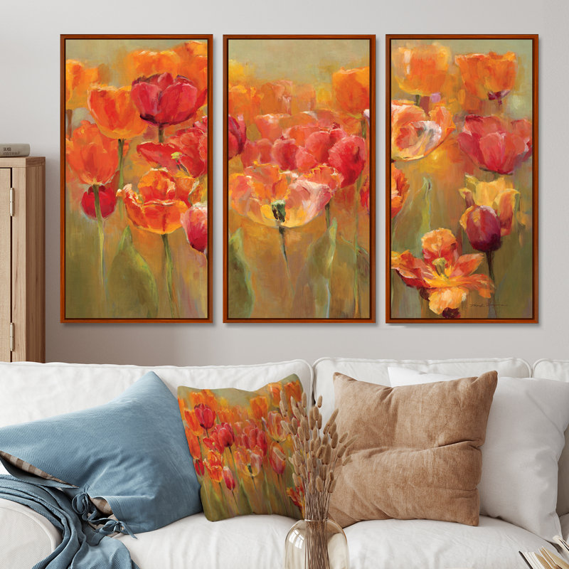 Ensemble de 3 tulipes rouges encadrées sur toile, H 40 po x l 60 po, Brun