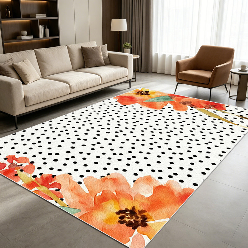 1PC Watercolor Orange Floral Polka Dot area rugs for Living Room, Soft, All seasons, Easy-maintain, Washable Indoor mat, Farmhouse suitable for dining table, kitchen, bedroom, entryway, patio, Home Decor, Outdoor Decor