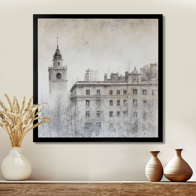 Architecture historique de Madrid sous la pluie II - art mural Madrid, H 16 po x l 16 po, Reproduction encadrée, Noir
