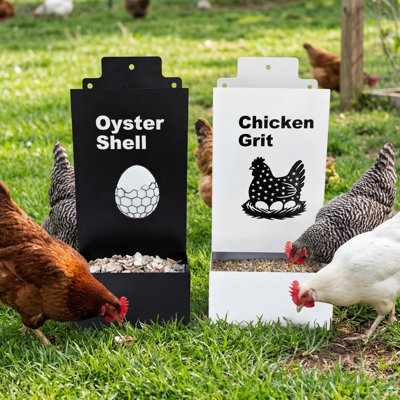 Galvanized Steel Chicken Grit Feeder Pair, 2-Pack Anti-Waste Poultry Feeders with Rain Cover & View Window, 9.8" x 3.9" x 3.9", Black & White