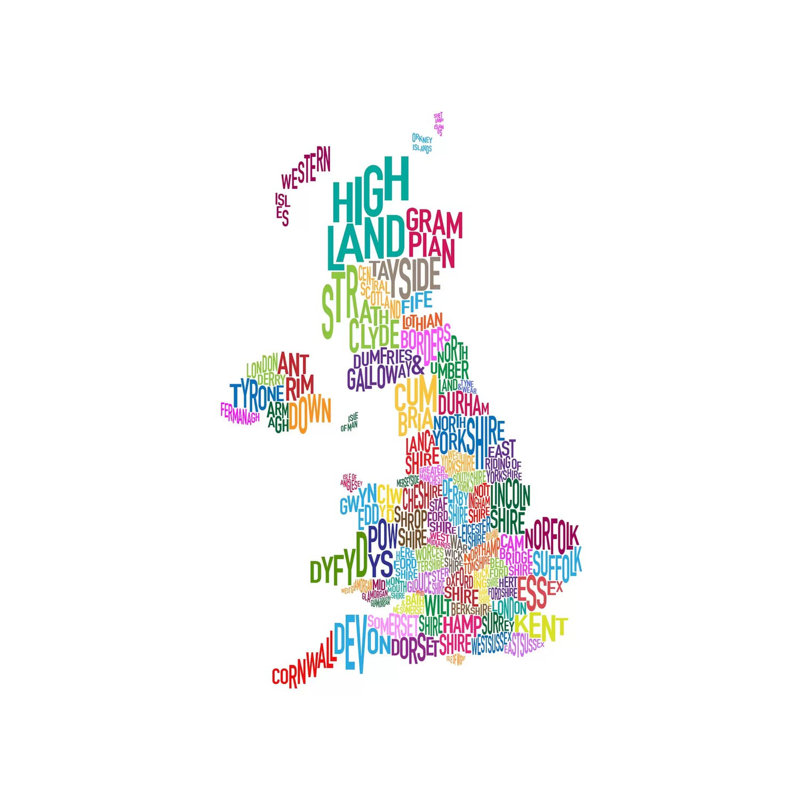Great Britain County Text Map III by Michael Tompsett - Wrapped Canvas Print, 20.32 cm H x 30.48 cm W