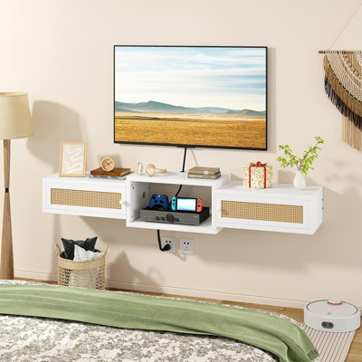 Étagère murale en rotin pour téléviseur - meuble multimédia moderne flottant pour le salon, blanc