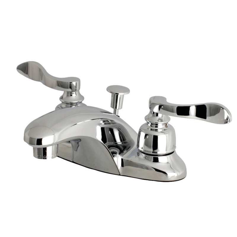 Kingston Brass NuWave French Two-Handle 3-Hole Deck Mount 4" Centerset Bathroom Faucet with Plastic Pop-Up, Polished Chrome