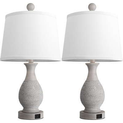 Traditional Table Lamps Set Of 2, Bedside Touch Lamp With USB C+A Charging Ports, Rustic Farmhouse Table Lamps For Living Room Bedroom, Side Table Lamp With White Fabric Shade, Antique Grey