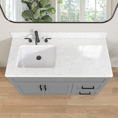 Plateau de meuble-lavabo en pierre reconstituée de 48 po x 22 po avec dosseret de 4 po, lavabo pré-installé, 1,38 po d'épaisseur, 3 trous de robinet pré-percés, lavabo décalé à gauche, installation encastrée