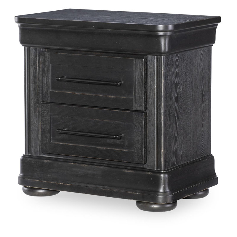 Country Living Vintage Market Nightstand with 2 Drawers, Power Outlets, and USB Ports, Black