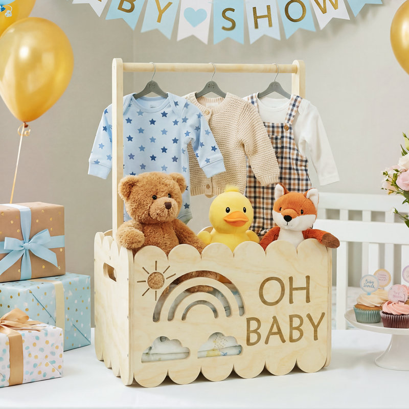 Wooden Baby Shower Crate Closet, Kids Clothes Rack With Storage Box & Hanging Rod, Baby Shower Rack for Toddler Pets Doll, Wood Color