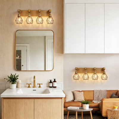 Luminaire de meuble-lavabo Farmhouse avec abat-jour en métal et détails en bois, applique murale en laiton antique à 4 lumières pour la salle de bain, la chambre à coucher et le couloir