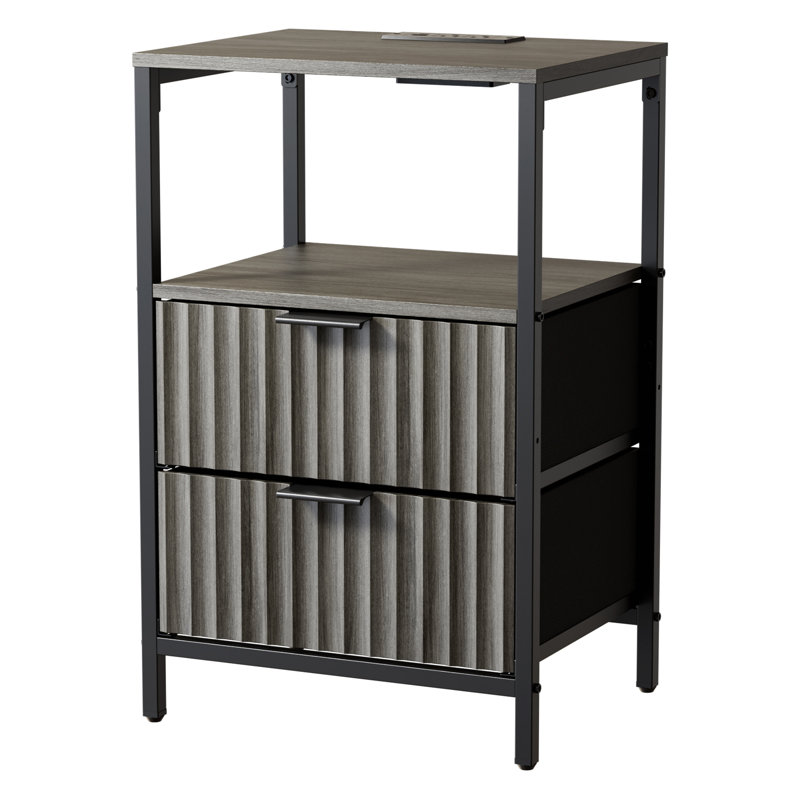 15 Inches Wide Nightstand - 2 Drawers, 1 Shelf, US Power Outlet, Gray