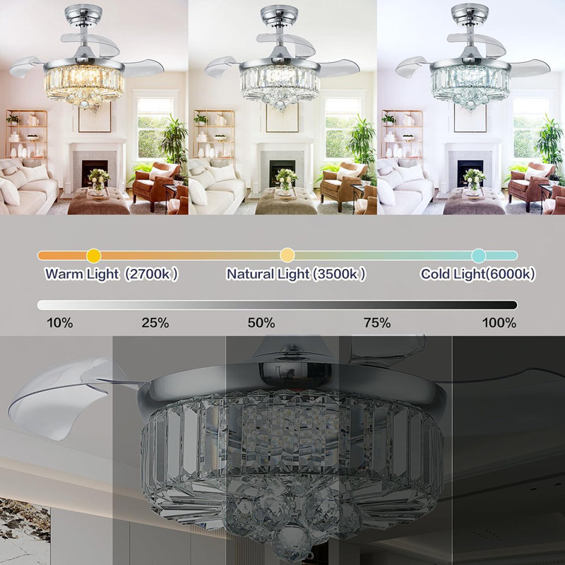 30" Chandelier Ceiling Fan With Light Crystal Modern Fa...