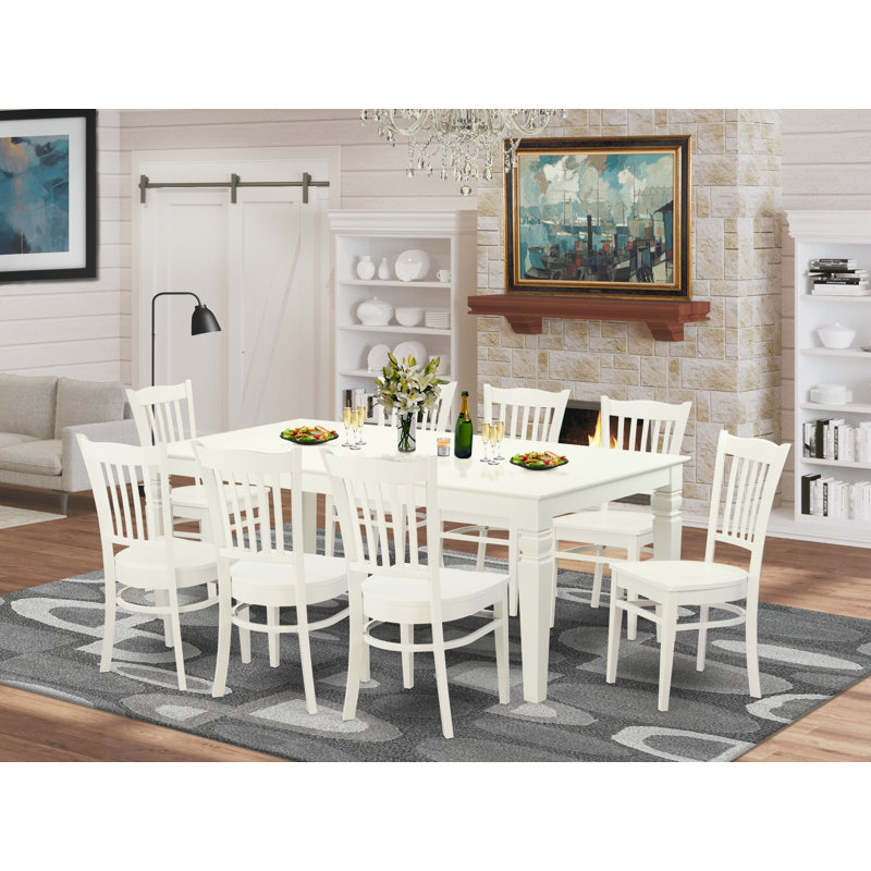  Ensemble de table de cuisine 9 pièces comprenant une table de salle à manger rectangulaire avec rallonge papillon et 8 chaises de salle à manger, 42 x 84 po, lin blanc