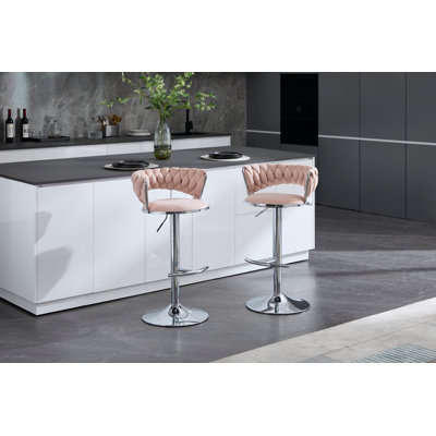 Ensemble de 2 tabourets de bar, avec repose-pieds chromé et base pivotante en velours à hauteur réglable et tabouret de bar simple chromé - Rose