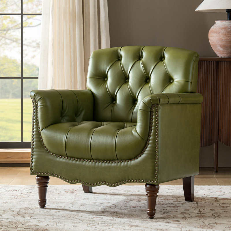 Fauteuil en cuir véritable capitonné Annja, Cuir pleine fleur olive