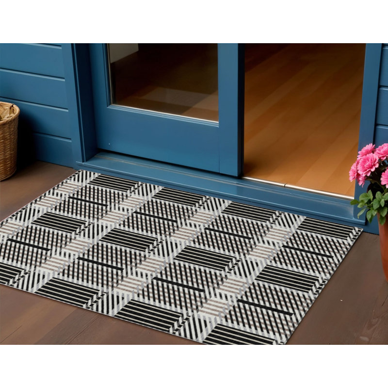 3' X 5' Black Gray And Brown Plaid Washable Indoor Outdoor Area Rug