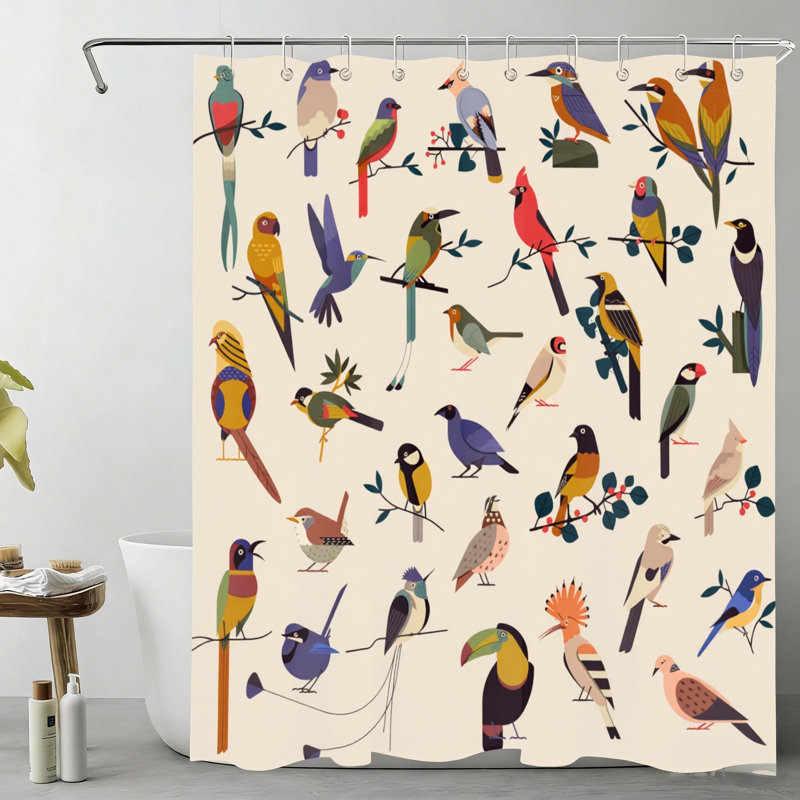 Rideau de bain à motif d'oiseaux tropicaux 72" x 72" avec crochets