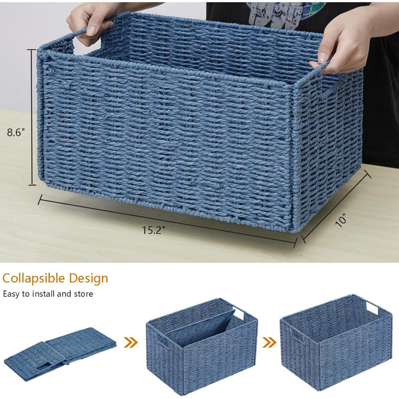 Wicker Storage Basket, Set Of 2 Hand-Woven Paper Rope Wicker Basket, Small Storage Baskets For Organizing Toilet Paper Basket, Foldable Large Cube Storage Organizer Bins For Shelves