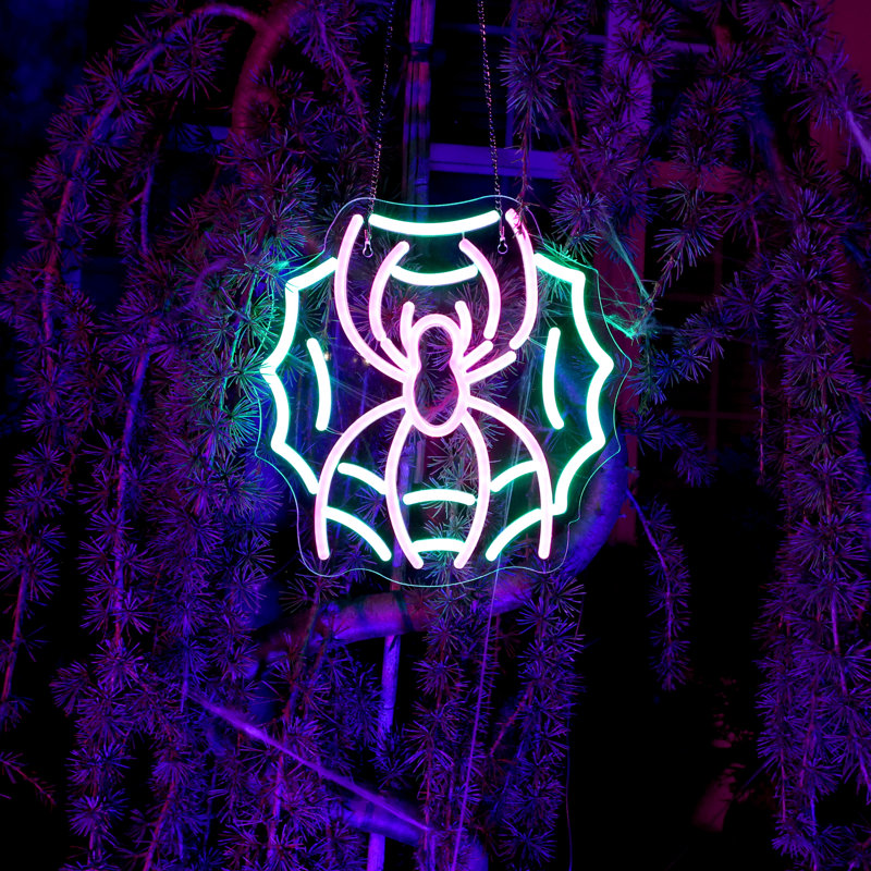 Décoration d'Halloween avec toile d'araignée en néon à DEL 11 po Haunted Hill Farm en rose et vert