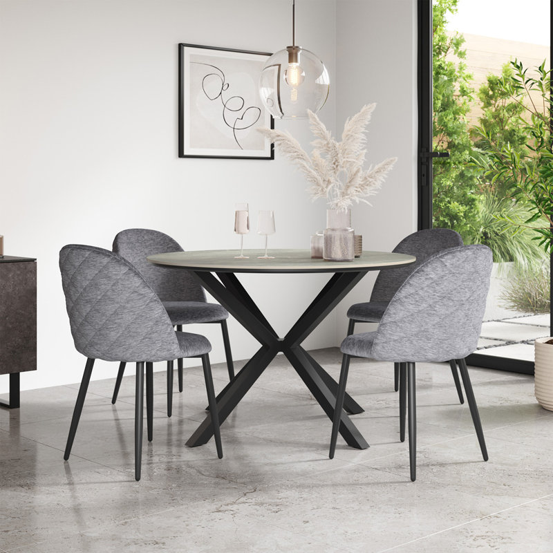 Calne 120cm Round Light Grey Ceramic Dining Table Set with 6 Raye Velvet Chairs, Grey