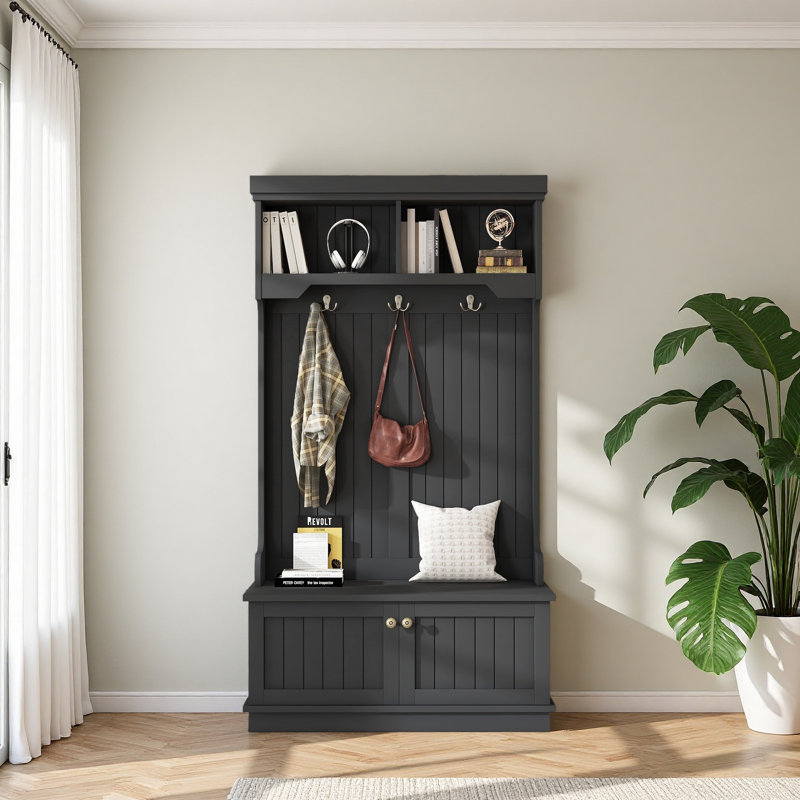 4-In-1 Hall Tree With Shoe Storage,Standing Coat Rack With Shoe Bench,Entryway Furniture With Hooks, Black