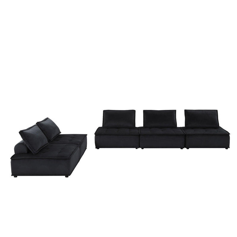120" Black Velvet 5 Pc Sectional Sofa Ottoman