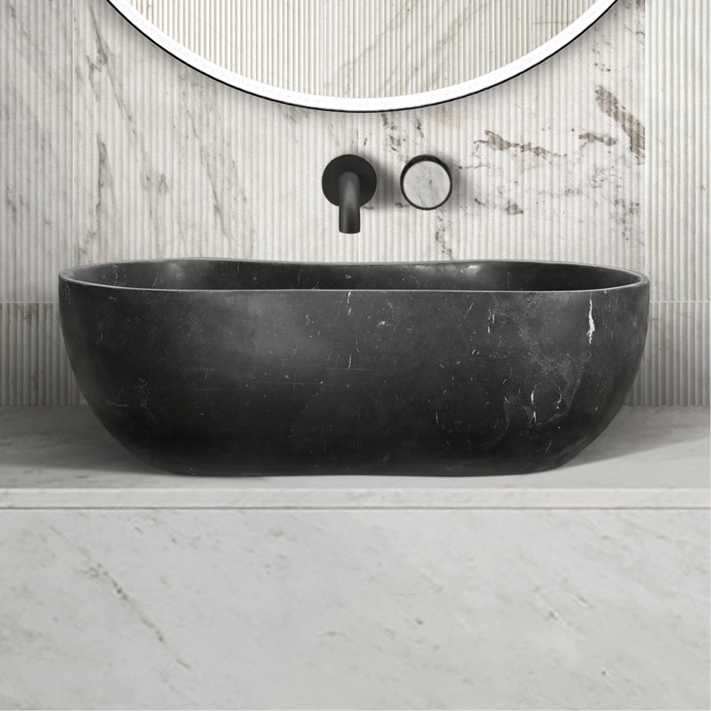 Évier de luxe en marbre naturel gris foncé de 23,6 po, forme ondulée organique, une pièce, finition mate pour la décoration de salle de bain