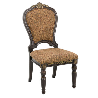 Traditional Formal Side Chairs Set of 2, Cherry Finish with Gold Tipping Jacquard Fabric Upholstery Luxury Dining Furniture