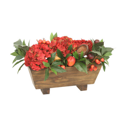 Cranberry Colored Hydrangea's Mixed with Cherries and Pomegranates in Wood Box