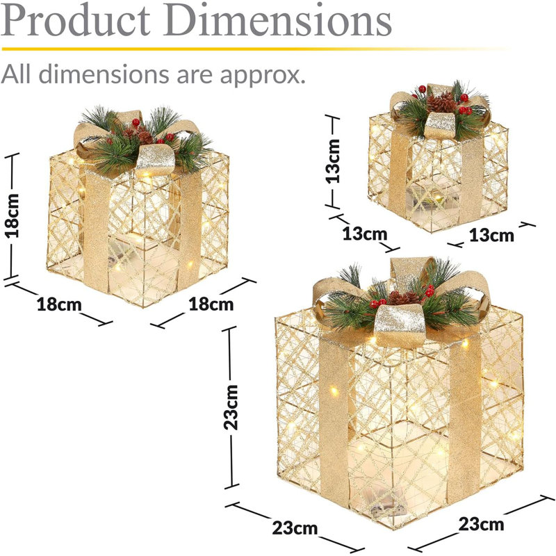 Set Of 3 Light-Up Christmas Gift Boxes With 50 Warm White LED Lights Battery-Powered Xmas Decor Champagne Gold With Gold Ribbon