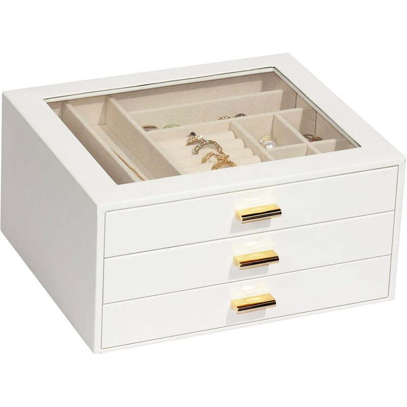 Boîte à bijoux, organisateur de bijoux à couvercle en verre avec 3 tiroirs ...