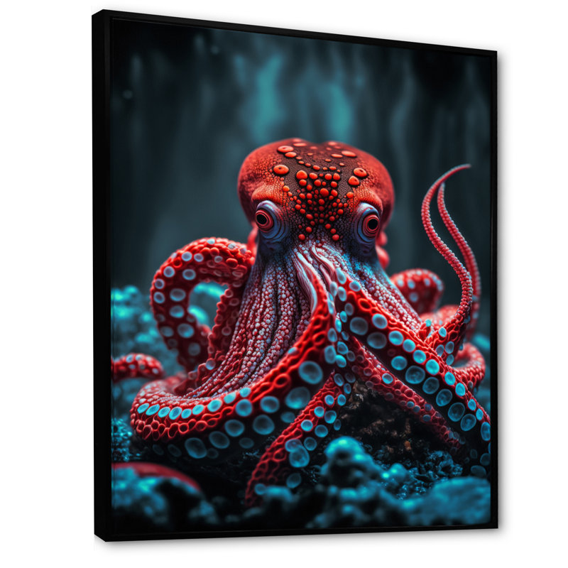 «Katyria Red Octopus On The Ocean Floor IV», reproduction sur toile, L 30 po x H 40 po, Toile avec cadre flottant noir