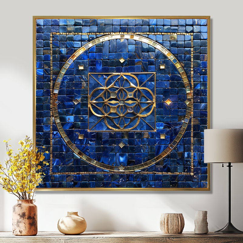 Balance, fleur de vie, or bleu - décoration murale géométrique, H 36 po x l 36 po x P 1,5 po, Toile avec cadre flottant or