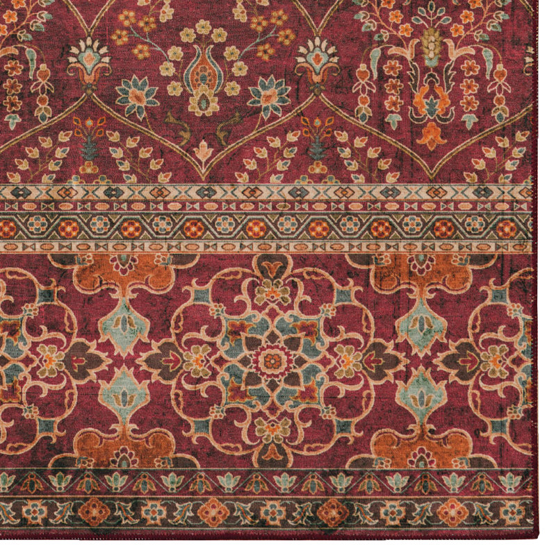 Ducote Washable Garnet and Ivory Machine Woven Area Rug, Runner 2' x 8'